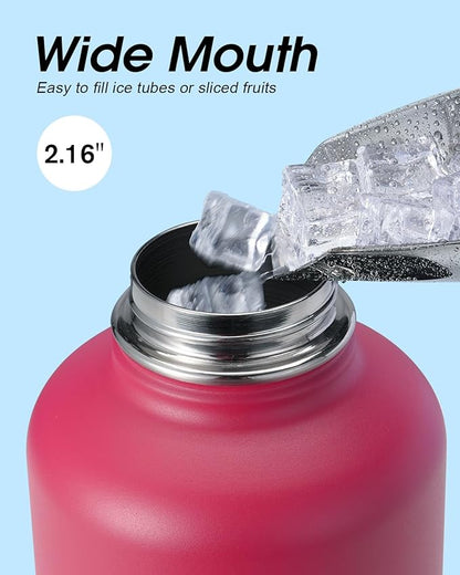 Half Gallon Water Bottle Insulated with Straw & 3 Lids, Coolflask 64 oz Water Jug Large Metal Stainless Steel Wide Mouth for Sports, Gym or Office, Non-BPA Keep Cold 48H Hot 24H, Ombre Wine/Navy