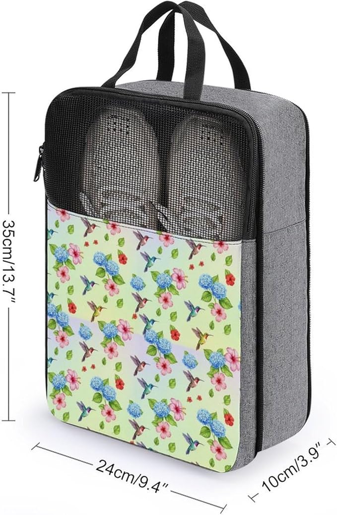 Reusable Portable Shoe Bag Bird Colorful Flowers Hummingbirds Floral Lightweight Shoe Organizer for Soccer, Golf Sneaker Storage Pouch