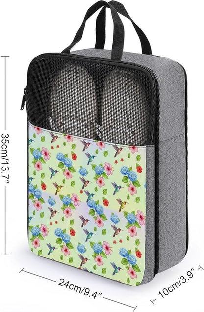 Reusable Portable Shoe Bag Bird Colorful Flowers Hummingbirds Floral Lightweight Shoe Organizer for Soccer, Golf Sneaker Storage Pouch