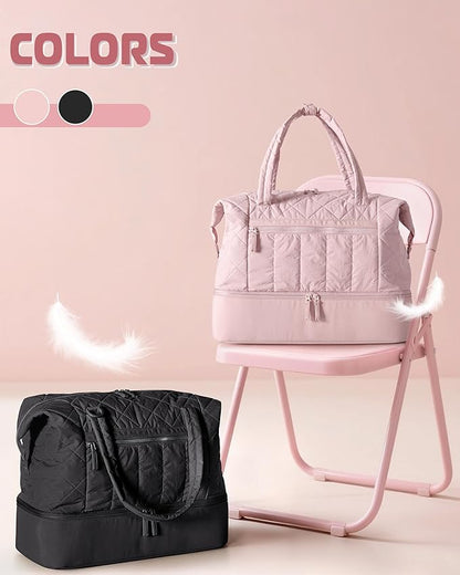 Quilted Duffle Bag with Shoe Compartment and Wet Pocket, Weekender Duffel Bag With Laptop Sleeve and a Separate Pouch for Travel, Gym, Hospital Labor Delivery, Pink
