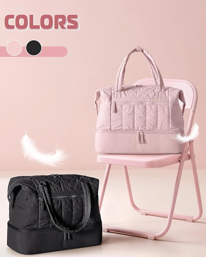 Quilted Duffle Bag with Shoe Compartment and Wet Pocket, Weekender Duffel Bag With Laptop Sleeve and a Separate Pouch for Travel, Gym, Hospital Labor Delivery, Black