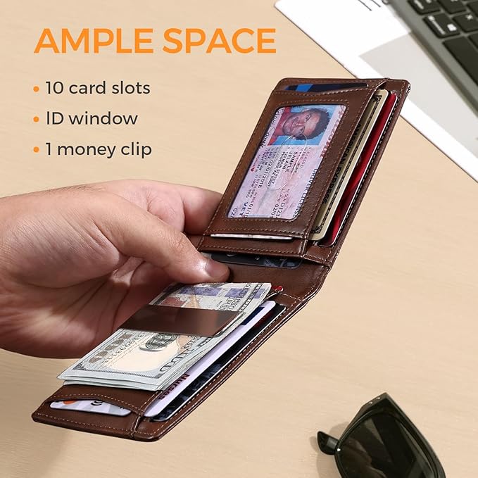 RUNBOX Money Clip Slim Wallets for Men RFID Blocking 11 Card Holder Minimalist Small Leather Bifold Men's Front Pocket Wallet Gift Box