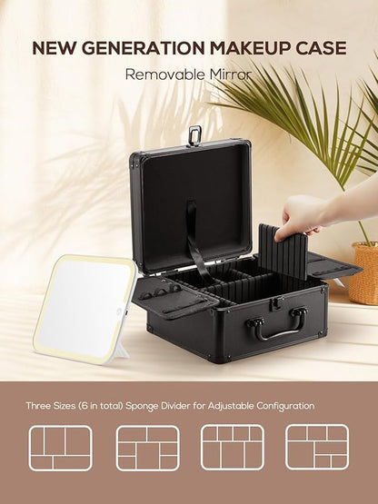 OMIRO Makeup Case, Makeup Bag with Light Up Mirror Set, Makeup Organizer Bag with Magnet Makeup Mirror for Women and Girls