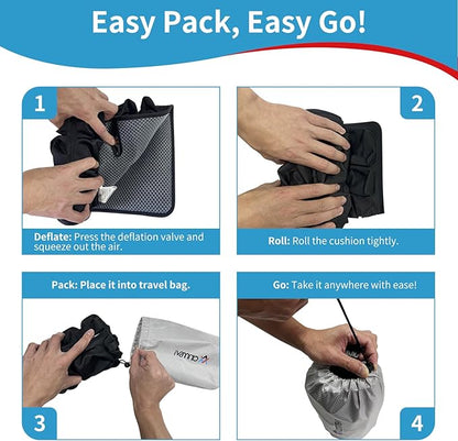 Inflatable Travel Seat Cushion with Built-in Pump & Carry Bag - Portable and Adjustable for use in Airplane, Car, Train, Truck, Office, Home - Coccyx, Sciatica, Tailbone Pain Relief (Black)