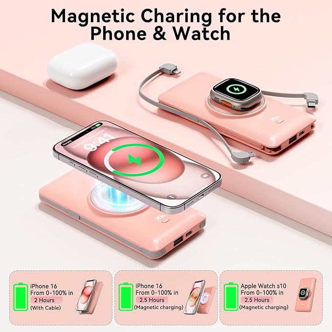Magnetic 10000mAh Portable Charger for iWatch & iPhone, 22.5W USB C Fast Charging Wireless Power Bank Built-in Cables and Wall Plug, External Travel Battery Pack Compatible with iOS Android Devices