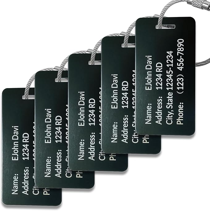 (5Pack Made in USA) Custom Personalized Luggage Tags-Customized Unique tag for Suitcase Backpack Travel,Bags (Black (3.8×2))