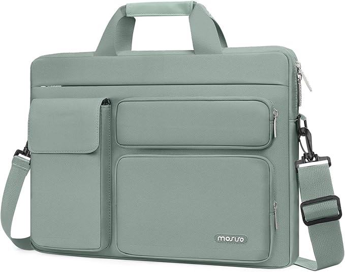 MOSISO Laptop Shoulder Bag 15.6 inch, 15-15.6 inch Computer Bag Compatible with MacBook Pro 16 inch, HP, Dell, Lenovo, Notebook with 2 Raised&1 Flapover&1 Horizontal Pocket&Handle&Belt, Antique Green