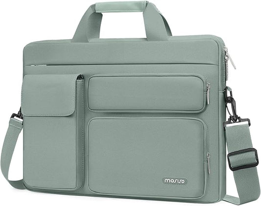 MOSISO Laptop Shoulder Bag 15.6 inch, 15-15.6 inch Computer Bag Compatible with MacBook Pro 16 inch, HP, Dell, Lenovo, Notebook with 2 Raised&1 Flapover&1 Horizontal Pocket&Handle&Belt, Antique Green
