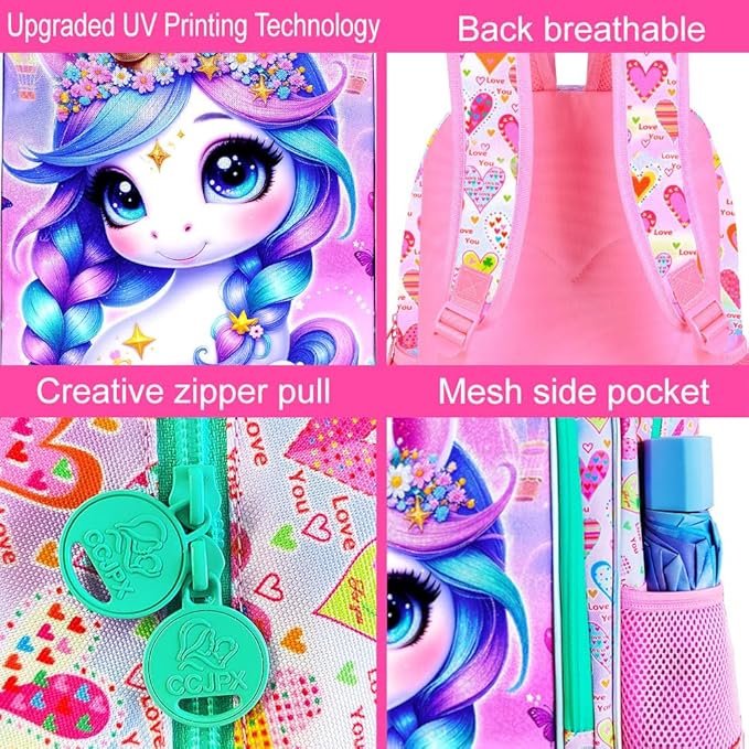 WZLVO 3PCS Kids Backpack for Girls, Unicorn Dinosaur Animal Prechool Elementary Kindergarten School Bookbag with Lunch Box