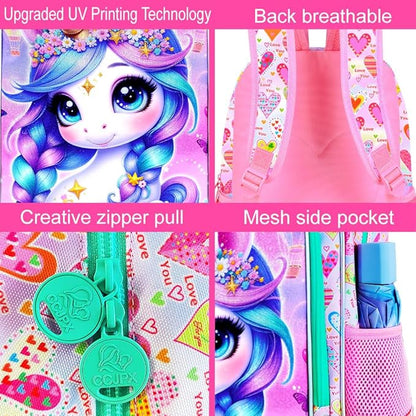 WZLVO 3PCS Kids Backpack for Girls, Unicorn Dinosaur Animal Prechool Elementary Kindergarten School Bookbag with Lunch Box