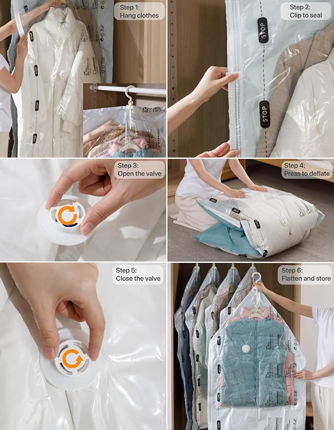 NeatNest 6 Pack Hanging Vacuum Storage Bags – 3 Medium & 3 Large, Space Saver Garment Bags with Hangers, Vacuum or Hand-Press Compression, Durable PE+PA Material, Airtight for Closet Organization