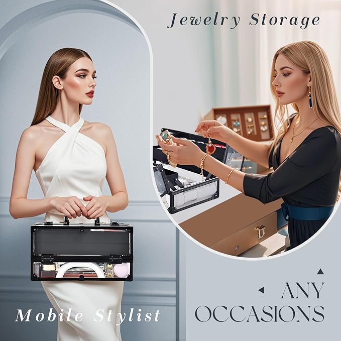 FRENESSA Portable Makeup Case Cosmetics Display Toiletry Organizer Box Transparent Acrylic Artists Train Case with 4 Trays Travel Makeup Tools Storage for Vanity Counter Dresser Organizer Black