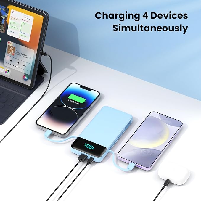 Portable Charger for iPhone with Built in Cables and Wall Plug,Upgraded 13800mAh Fast Charging USB C Power Bank,4 Outputs Travel Essential Battery Pack Compatible with iPhone 17/16/15/14,-Light Blue