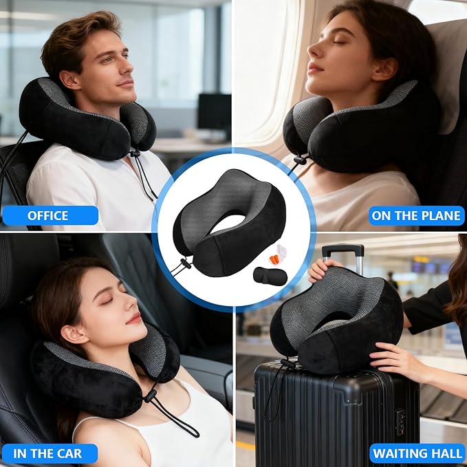 Travel Neck Pillow for Airplane, Memory Foam Travel Pillow for Long Flights & Car Rides - Ergonomic Support with Eye Mask & Ear Plugs