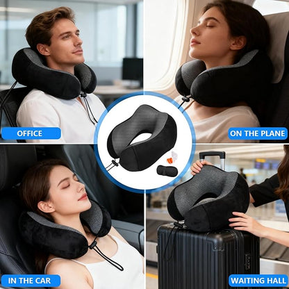 Travel Neck Pillow for Airplane, Memory Foam Travel Pillow for Long Flights & Car Rides - Ergonomic Support with Eye Mask & Ear Plugs