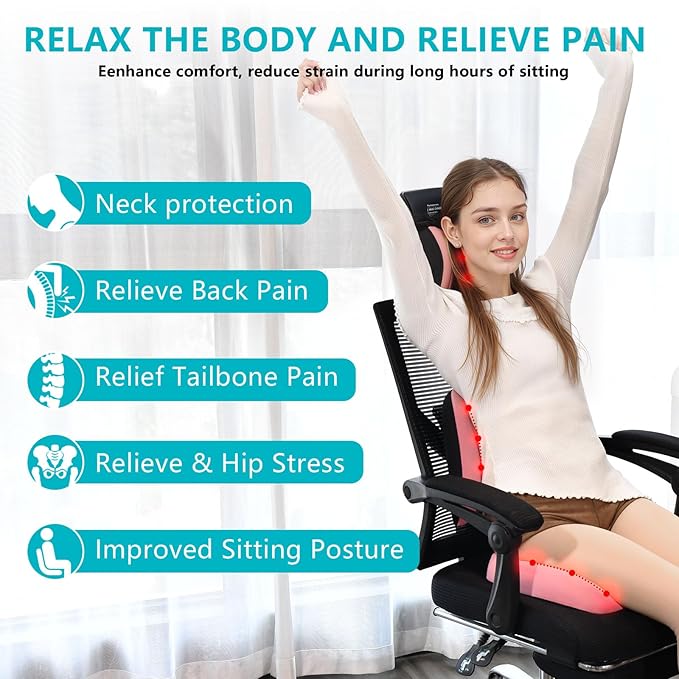 FLORICH Car Seat Cushion and Back Support for Office Chair Memory Foam Chair Cushions Pressure Relief Seat Pads with Gel Massage Point Lumbar Support (Pink)