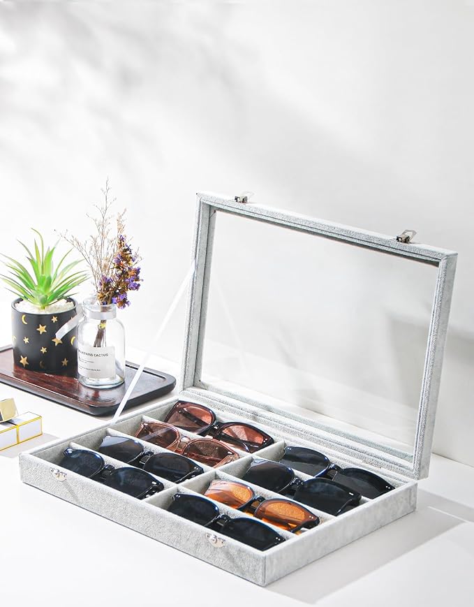 Coward Sunglass Organizer Tray Box, Grey Beige Velvet Eyeglasses Display Tray Case with Transparent Glass Lid for Home Use or Store Shop Selling Show