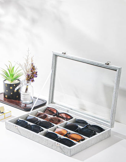 Coward Sunglass Organizer Tray Box, Grey Beige Velvet Eyeglasses Display Tray Case with Transparent Glass Lid for Home Use or Store Shop Selling Show