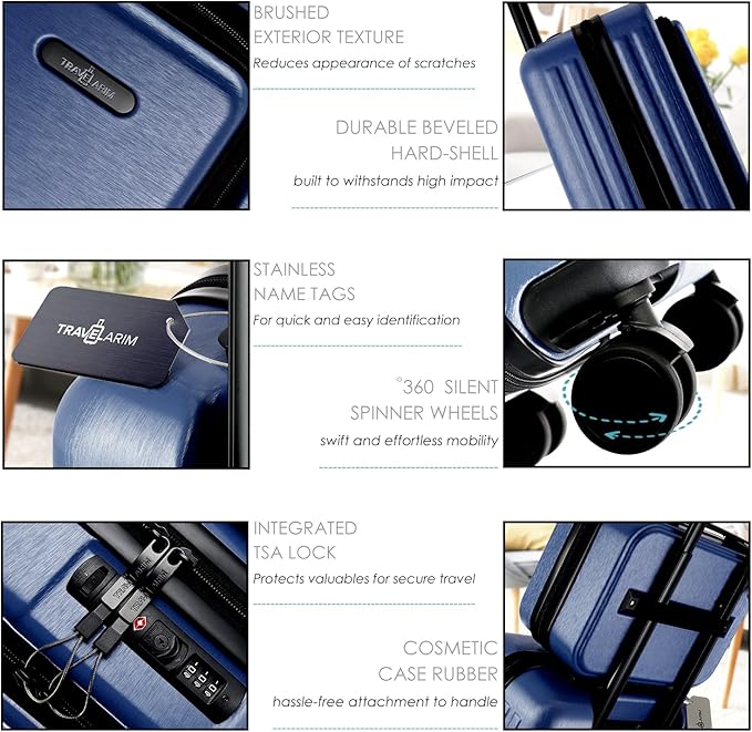 TRAVELARIM 22 Inch Carry On Luggage 22x14x9 Airline Approved, Small Carry On Suitcase, Hard-shell Carry-on Luggage with Wheels, Durable Navy Luggage Carry-On with Cosmetic Case and Luggage Scale