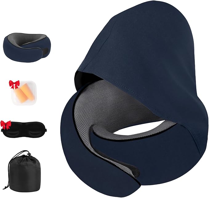 Travel Neck Pillow, Newly Upgraded Hooded Neck Pillow , 100% Pure Memory Foam Travel Pillow for Flight Headrest Sleep,Windproof and heat preservation,Suitable for use in Outdoor/Plane/Car/Office
