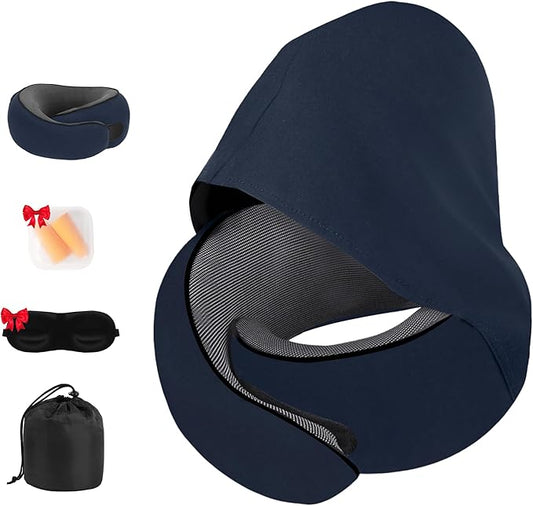Travel Neck Pillow, Newly Upgraded Hooded Neck Pillow , 100% Pure Memory Foam Travel Pillow for Flight Headrest Sleep,Windproof and heat preservation,Suitable for use in Outdoor/Plane/Car/Office