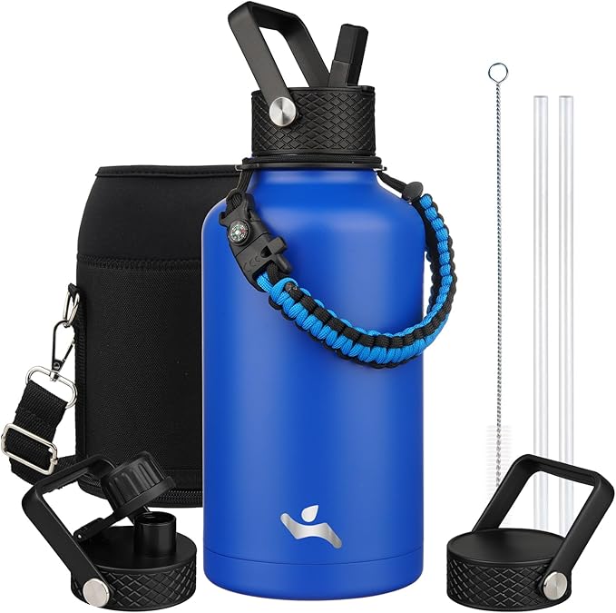 Half Gallon Insulated Water Bottle with Straw,64 oz 3 Lids Water Jug with Carrying Bag,Paracord Handle,Double Wall Vacuum Stainless Steel Metal Flask,Blue
