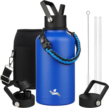Half Gallon Insulated Water Bottle with Straw,64 oz 3 Lids Water Jug with Carrying Bag,Paracord Handle,Double Wall Vacuum Stainless Steel Metal Flask,Blue