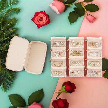 Vlando Travel Jewelry Box Organizer - 12 Small Velvet Zipped Pouches Pockets for Jewelries Necklaces Rings Earrings Sorting Storage, Offwhite