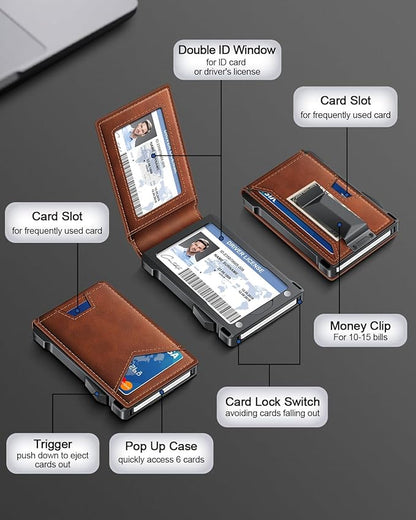 Wallet for Men RFID Wallet with 2 ID Windows & Money Clip, Slim Pop Up Card Holder for 10-12 Cards, Bifold Minimalist Smart Wallet for Front Pocket, Compact Metal Credit Card Holder, Gifts for Men