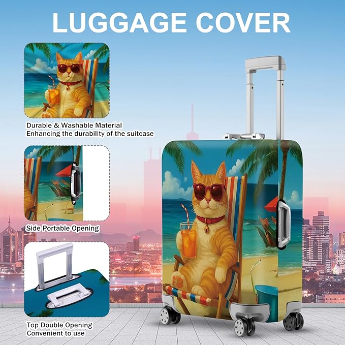 ANNA QUEEN Summer Cat Luggage Cover, Cat in Sunglasses with a Beach Drink, Stretchable, Washable Travel Protector for 32-34 Inch Suitcases