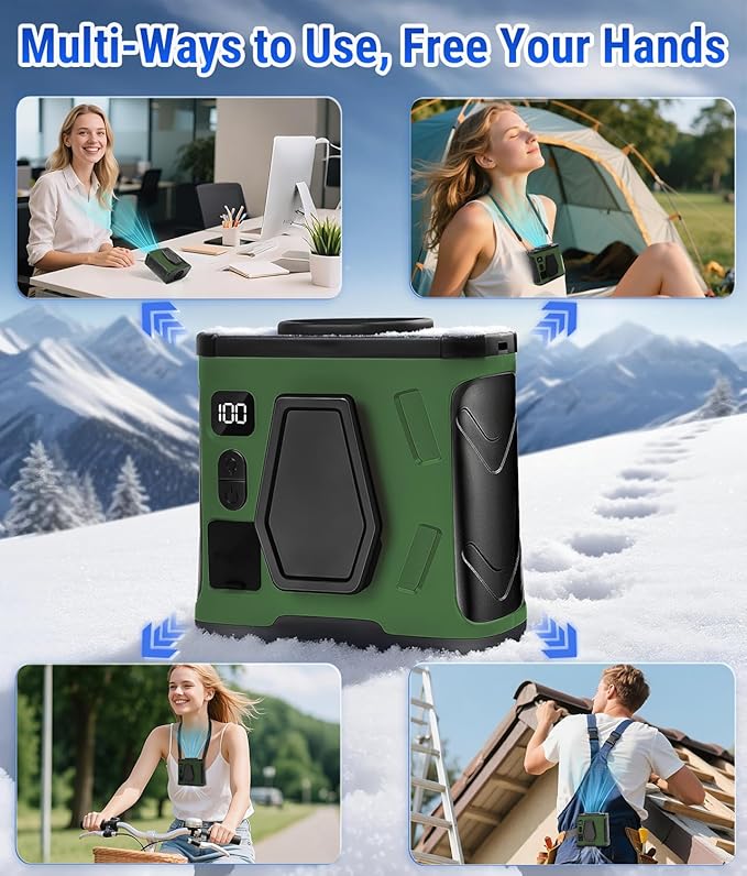 2025 Portable Waist Belt Clip Fan 10,000mAh/ 20,000RPM/ 40H Powerful Copper Brushless Motor, Hands-free Rechargeable Cooling Shirt Fan, Personal Hanging Neck Fan SOS Light for Outdoor Travel Camping