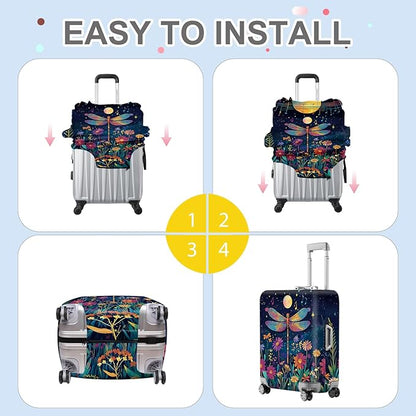 ANNA QUEEN Magical Dragonfly Luggage Cover, Night Sky with Bright Colors and Flowers, Stretchable, Washable Travel Protector for 20-34 Inch Suitcases