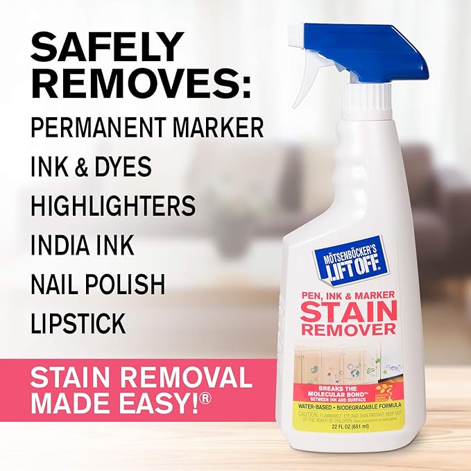 Motsenbocker's Lift Off 40901 Pen, Ink & Marker Stain Remover – Removes Nail Polish, Makeup, and Dyes From Walls, Countertops, Tile, and More, Pre-Wash Laundry Treatment – 22 fl oz