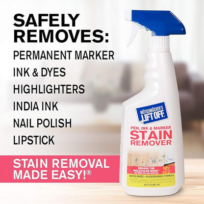 Motsenbocker's Lift Off 40901 Pen, Ink & Marker Stain Remover – Removes Nail Polish, Makeup, and Dyes From Walls, Countertops, Tile, and More, Pre-Wash Laundry Treatment – 22 fl oz