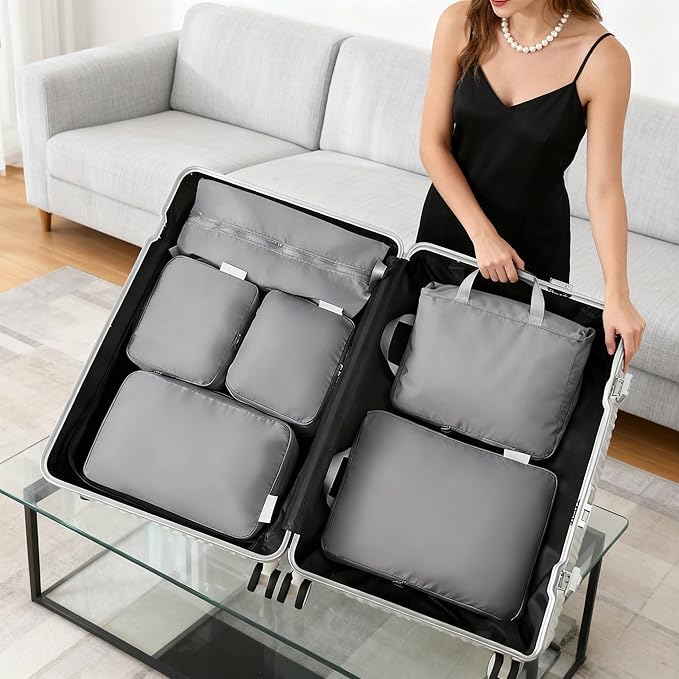 6-piece travel compression packaging cube - foldable travel bag expandable, luggage storage bag. (grey)