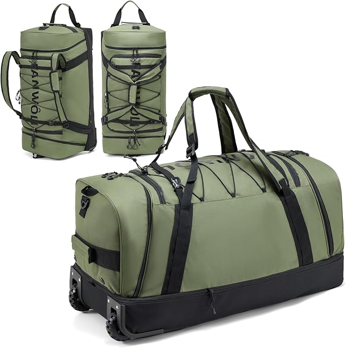 Fanwoli 85L 100L Large Rolling Duffle Bag with Shoes Compartment, 30’’ Expandable & Foldable Heavy Duty Water Resistant Travel Backpack, Convertible Foldable Duffel for Gym Camping Weekender