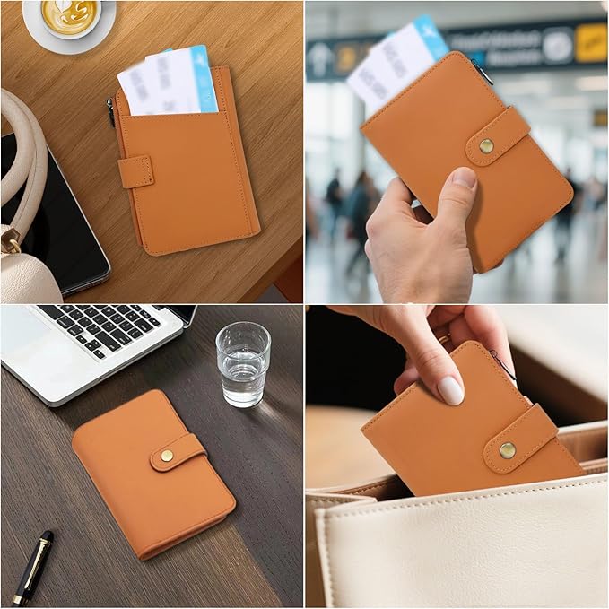 Full Grain Leather Passport Wallet, RFID Blocking Passport Holder with Tracker Slot, Multi Compartment Travel Wallet for Women & Men, Secure Passport Cover Case for Airport Essentials (Brown)