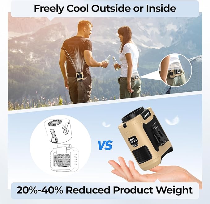 AMACOOL Portable Waist Fan Clip On, MAX 40H Work Time, 10000mAh Rechargeable Wearable Shirt Fan with Light 16000RPM Powerful 5 Speeds Belt Fans Personal Cooling Fans for Outdoor Jobsite Travel