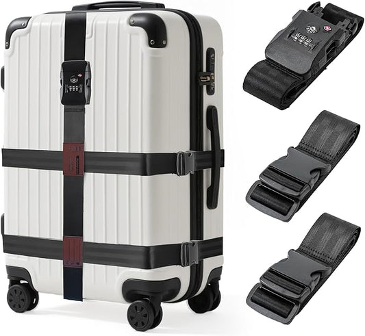 Luggage Straps with TSA Lock, Adjustable Heavy Duty Black Luggage Straps for Suitcase with Reinforced Buckles, Cross Luggage Strap TSA Approved Combination Locks with Name Tags for Travel & Trip