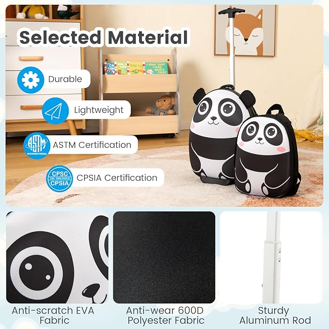 Goplus 2PC Kids Carry On Luggage Set, 16" Rolling Suitcase & 12" Backpack, Airline Approved Travel Trolley Luggage with Wheels for Toddlers Children Girls Boys (Panda)