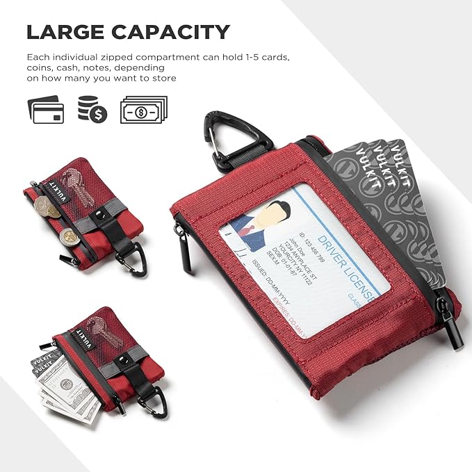 VULKIT Small RFID Wallet for Women & Men – Minimalist Zipper Wallet with ID Window, Keychain & Carabiner, Holds 15 Cards, Water Resistant Travel Lanyard Wallet Red