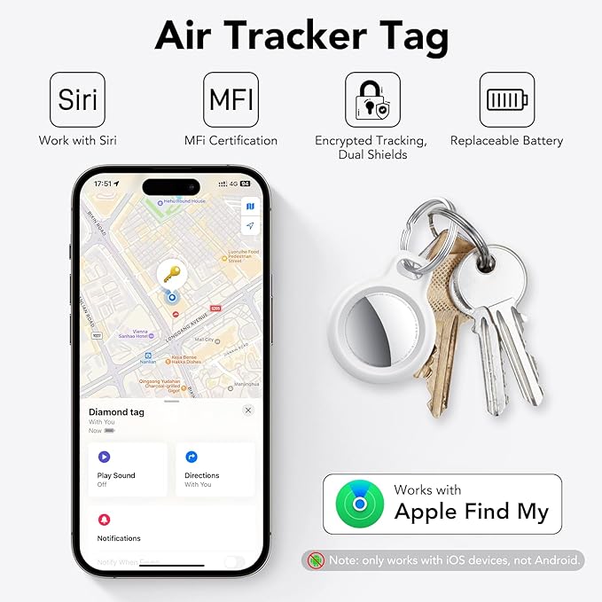 Air Tracker Tag-2 Pack White | Bluetooth Tracker Work with Apple Find My (iOS 14.6 Above Only), Smart Tag with Protective Case/Keychain/Lanyard, Item Finder for Luggage/Key/Suitcase/Backpack