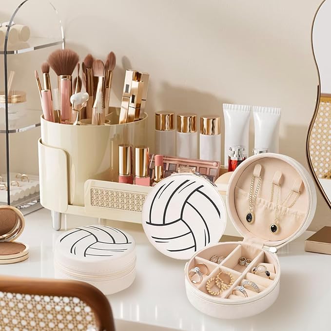 Adboros 18 Pack Volleyball Mini Travel Jewelry Case White Round Volleyball Stuff Portable Jewelry Organizer Storage Case Small Faux Leather Jewelry for Sports Team Birthday Goodie Favors Gifts Bulk