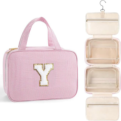 TOPEAST Travel Toiletry Bag for Women - Hanging Toiletry Bag Makeup Bag, Portable Toiletries Travel Bag and Cosmetic Bag Essentials - Letter Y, Pink