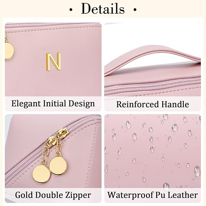 Birthday Gifts for Women Teen Girl, Personalized Initial Makeup Organizer Bag Set, Open Flat Travel Cosmetic Bag With Clear Divider and Handle(Pink,N)
