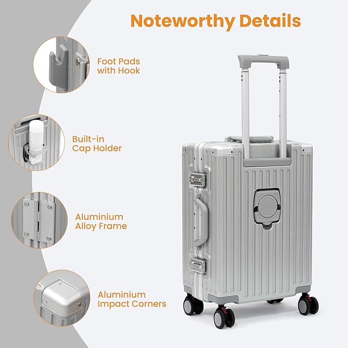 26 Inch Checked Luggage with Spinner Wheels, No Zipper Aluminum Frame Hard Shell Suitcases with TSA Lock, PC+ABS Lightweight Large Suitcase for Travel (Silver)