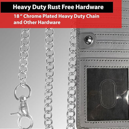 CLASSIC Motorcycle Chain Wallet for Men – Premium Cowhide Leather, RFID Bi-Fold Biker Wallet with Heavy Duty Chain for Bikers Truckers & Hunters, Credit Card Money Organizer Long Wallet Aniline Grey