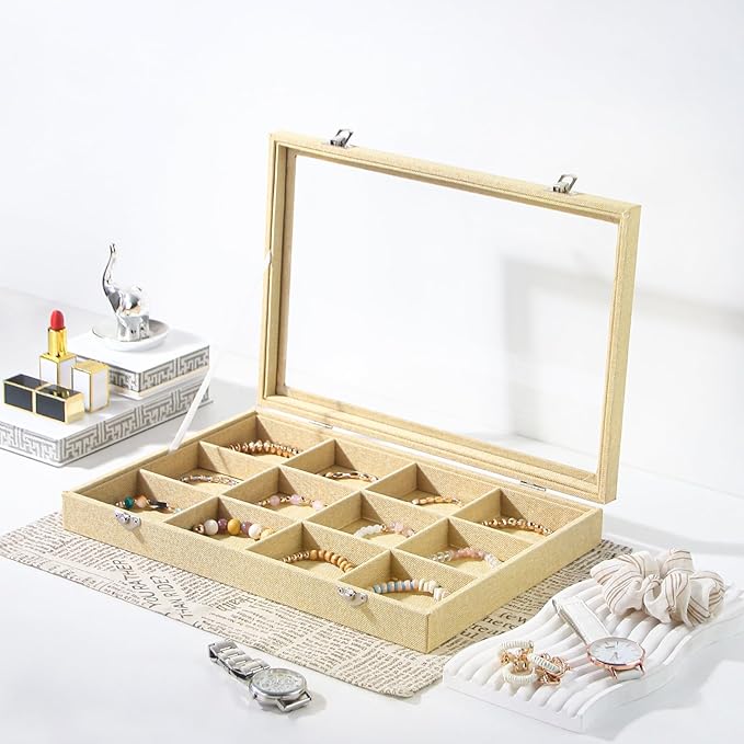 Coward Jewelry Organizer Box, Yellow Linen 12 Grids Bracelet Bangle Necklace Jewelry Display Tray Case with Transparent Glass Lid for Home Drawer Desk or Store Selling Show