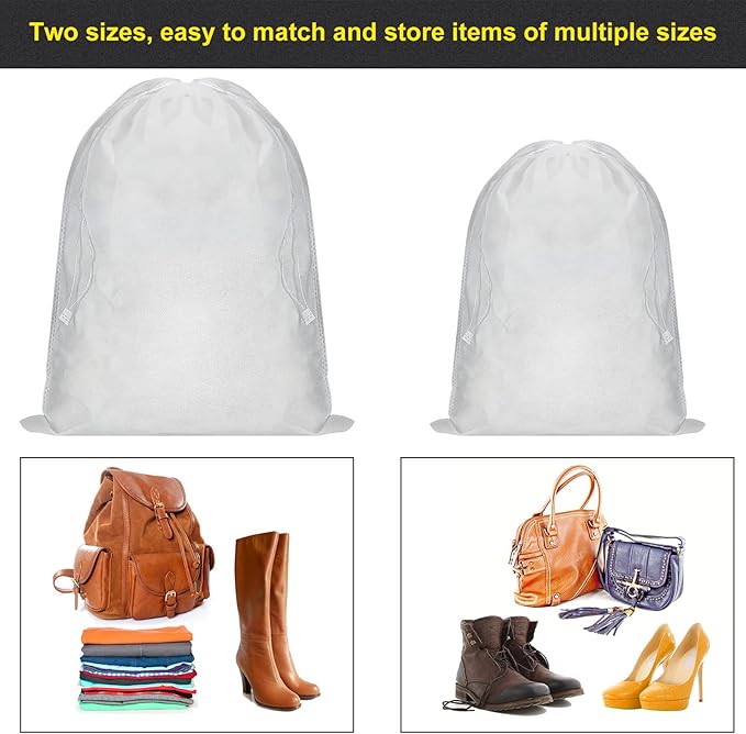 Woanger 40 Pcs Dust Proof Drawstring Purse Storage Bag Breathable Non Woven Fabric Shoe Bag Dust Bags for Handbags Nonwoven Cloth Storage Pouch Cover for Shoe Boots Purse Travel Organizer, White