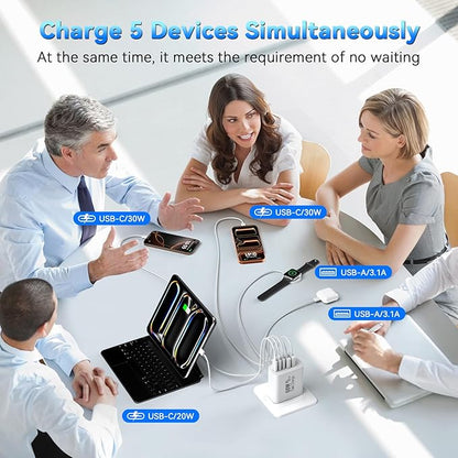 USB C Fast Charger Block, 60W 5-Port USB C Wall Charging Blocks, Type C Charger Fast Charging Brick, 3USB C+2USB A PD&QC3.0 Multiport Charger Plug for iPhone 17/16/15/14/13 Pro Max, Pad, White+Black